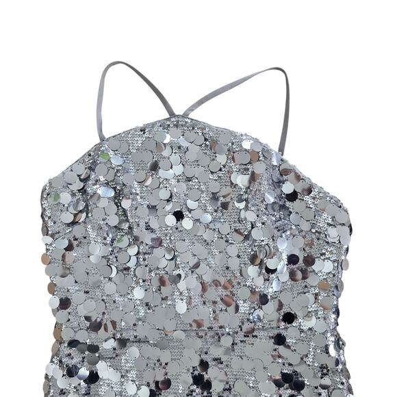 Dress The Population Silver & Gray Suri Sequin Halter Mini Dress Sz Large 10/12 - Picture 5 of 11